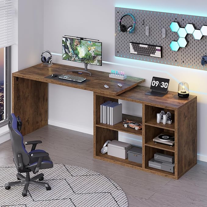 HSH Rustic L Desk with Storage Shelves, L Shaped Computer Desk with Open Storage Cabinet, Vintage Reversible Corner Home Office Desk for Living Room, Office, Rustic Brown 55 in