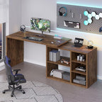 HSH Rustic L Desk with Storage Shelves, L Shaped Computer Desk with Open Storage Cabinet, Vintage Reversible Corner Home Office Desk for Living Room, Office, Rustic Brown 55 in