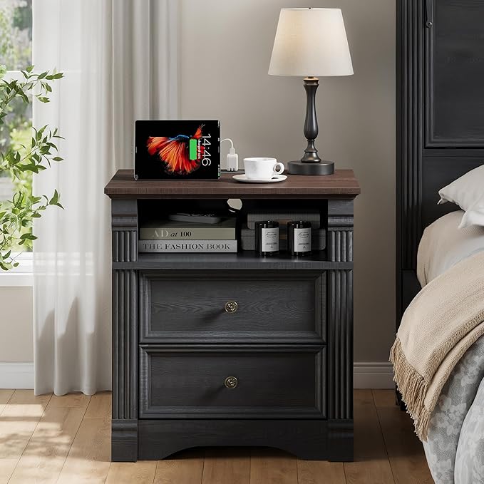 Yaamizz Farmhouse Nightstands Set of 2 with Charging Station, Table with Drawer and Storage Shelf, Wood Pilasters and Metal Handles, Vintage Design, Organizer for Bedroom, Hallway, Black