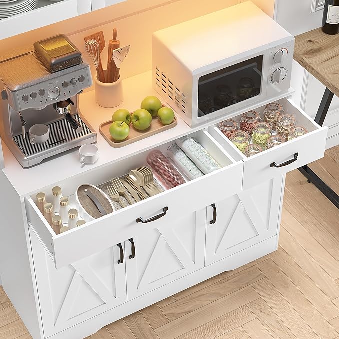71" Kitchen Pantry Cabinet: Hutch Cabinets with Glass Doors, Pantry Cabinets with Drawers, Adjustable Shelves, LED Light & Power Outlets for Kitchen, Living Room, Dining Room