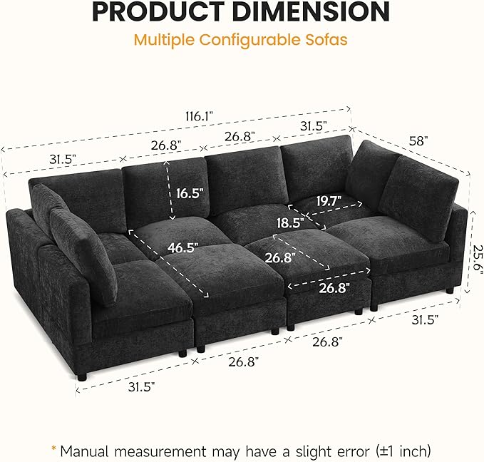 Modular Sectional Cloud Sofa Bed, 8-Seater Convertible Sofa Couch with Ottoman, Modern Deep Seat Sleeper Sofa for Living Room, Chenille Dark Grey