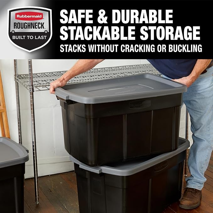 Rubbermaid Garage Storage Bins Black Plastic Stackable Storage with 3-Pack 31 GAL Capacity, Totes for Storage Home Organization Durable - Heavy Duty (31 GAL - 3 Pack Solid Black and Grey)