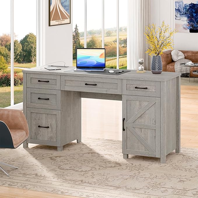 Vabches Farmhouse 61'' Executive Desk with 5 Drawers, Rustic Office Desk Computer Desks with Charging Station, File Drawers and Storage Cabinet, Wood Workstation for Study and Home Office,(Grey).