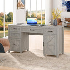 Vabches Farmhouse 61'' Executive Desk with 5 Drawers, Rustic Office Desk Computer Desks with Charging Station, File Drawers and Storage Cabinet, Wood Workstation for Study and Home Office,(Grey).