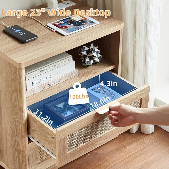 LEYAOYAO Rattan Nightstands Set of 2 with Charger Station, 23" Wide Boho Night Stand with 2 Drawers, Natural Wood Bedside Table Open Shlef, Bed Side End Table Dresser for Bedroom, Living Room Hallway