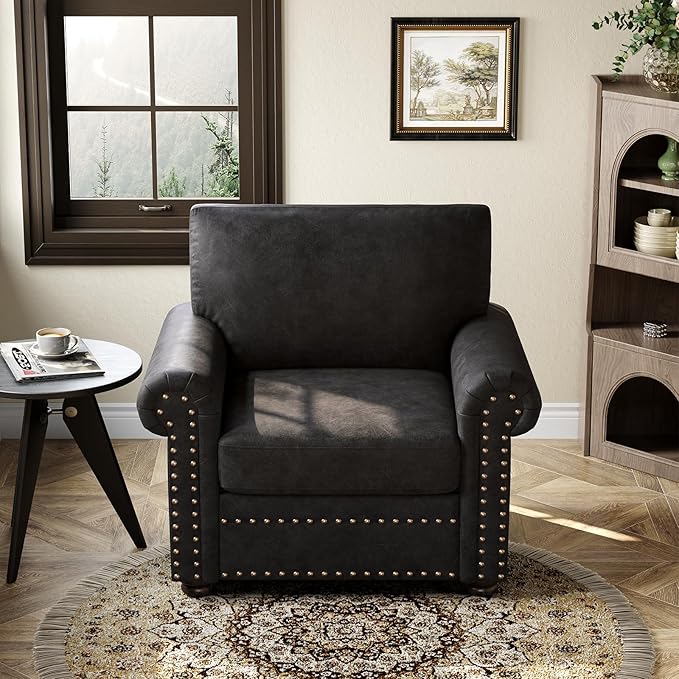 ONBRILL Nailhead Trim Accent Chair, Faux Leather Club Chair for Living Room, Comfy Armchair with Springs Cushions & Solid Wood Legs, Traditional Rolled Arms Single Sofa for Bedroom, Apartment, Black