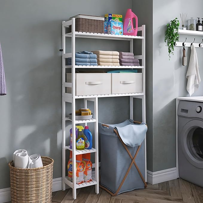 SMIBUY Over The Toilet Storage with Drawers, Large Bathroom Space Saver Organizer Rack, Freestanding Behind Toilet Stand with 6-Tier Shelf and Waterproof Feet Pad for Restroom, Laundry (White)