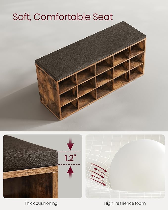 VASAGLE CUSTOS Collection - Shoe Bench, Storage Bench with Padded Seat, Entryway Bench with 15 Compartments, for Bedroom, 11.8 x 41.3 x 18.9 Inches, Rustic Brown and Chestnut Brown ULHS15BX