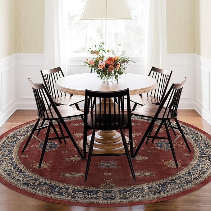 RUGGABLE Washable Vintage Area Rug – Verena Amber Red 8 ft Round, Stain-Resistant, Non-Slip – Large Machine Washable Rugs for Living Room, Bedroom, Hallway, Entryway & Office–with Cushioned Pad