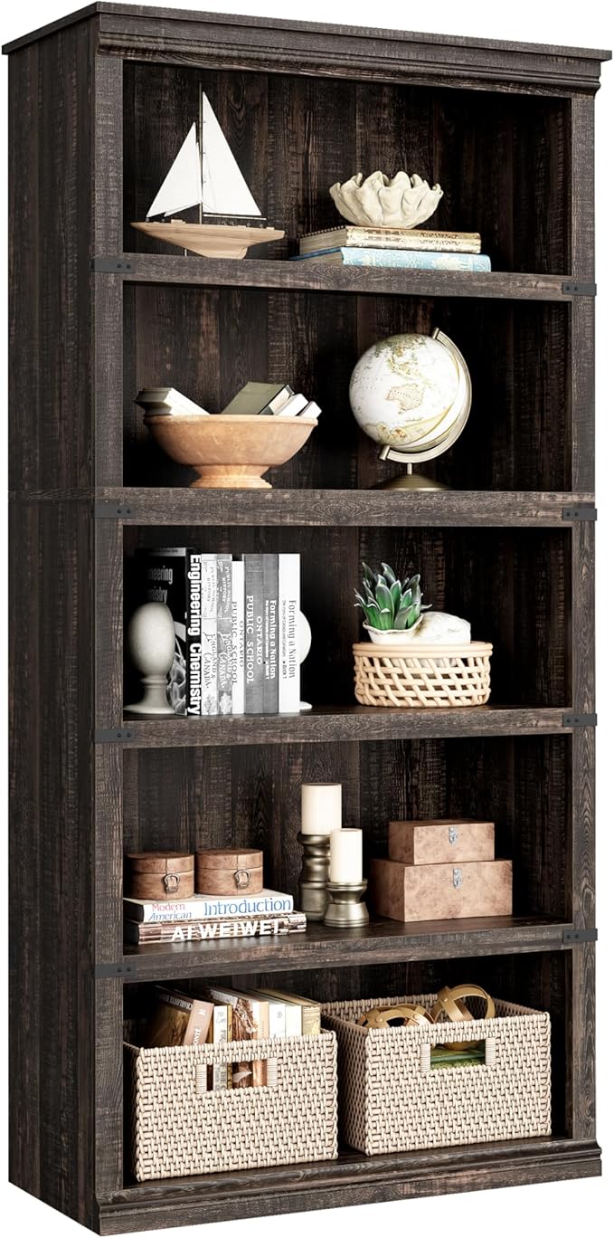 IDEALHOUSE 5 Tier Bookcase, Farmhouse Book Shelf with Storage, 71" Tall Book Case Wooden 5 Shelf Bookcase for Home Office, Living Room, Bed Room (Oak, 67.4" H x 31.5" W x 12.8" D)