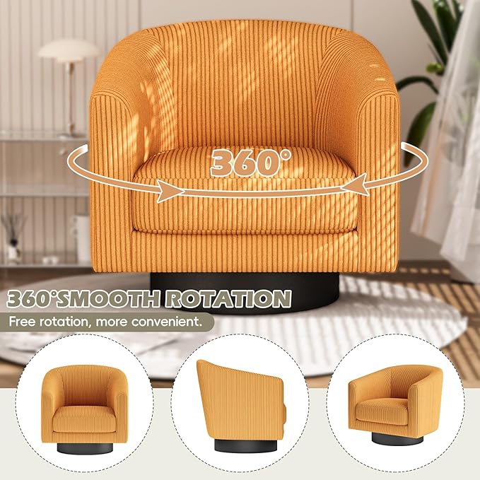 360° Swivel Accent Chairs, Modern Bucket Chair, Corduroy Barrel Armchair, Comfy Boucle Chair, Single Sofa for Living Room Bedroom. Orange