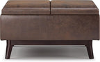 SIMPLIHOME Owen 34 inch Wide Mid Century Modern Rectangle Coffee Table Storage Ottoman Distressed Chestnut Brown/Flip Over Tray top