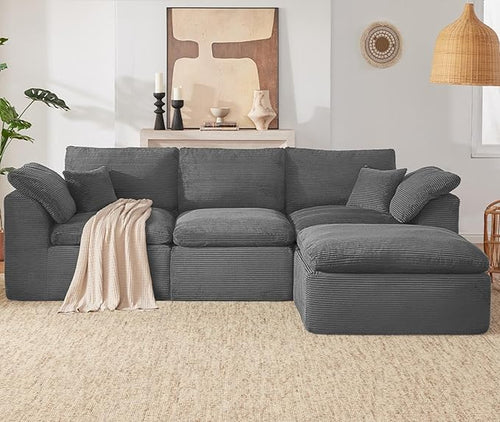112" Cloud Sectional Couch, Boneless Couches for Living Room, L Shaped Couch with Convertible Ottoman, Modular Sectional Sofa with Deep Seat, Comfy Soft Cushions, No Assembly, Gray