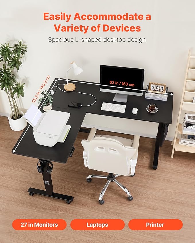 VEVOR L Shaped Standing Desk with Wheels, 63 x 55 inch 3-Level Height Adjustable Electric Corner Standing Desk with Power Outlet, Heavy Duty Carbon Steel Sit Stand Computer Table, Easy to Assemble