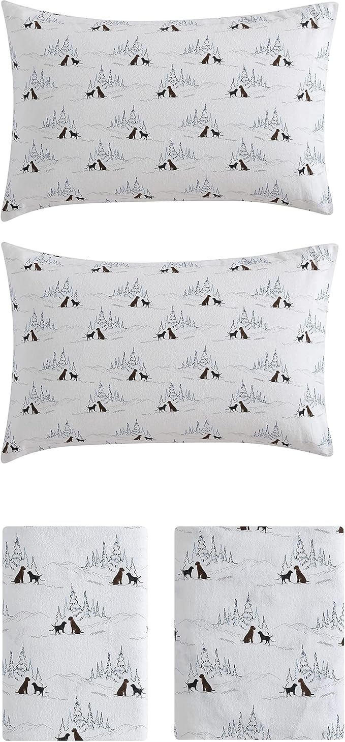 Eddie Bauer - Queen Sheets, Cotton Flannel Bedding Set, Brushed For Extra Softness, Cozy Home Decor (Dog Friends White, Queen)