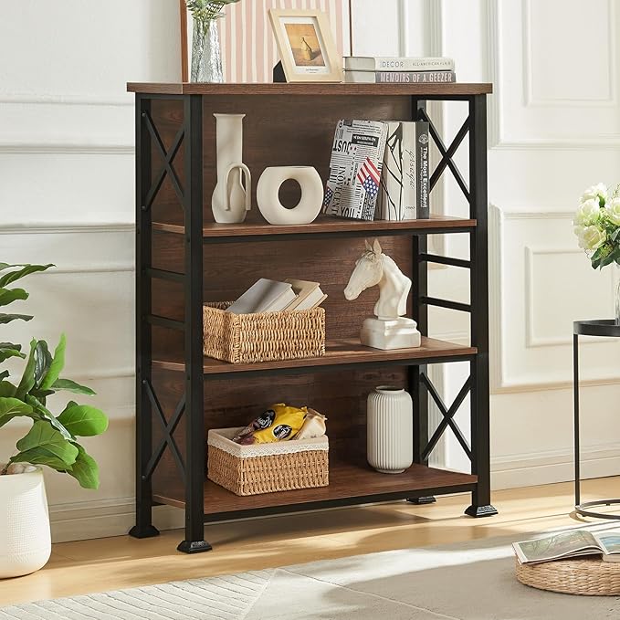HOMBAZAAR Book Shelf,4 Tier Short Bookshelf with Metal Frame and Backboard,Rustic Brown Deep Bookcase with Engineered Wood Shelves,Shelf Bookcase for Living Room,Bedroom and Office