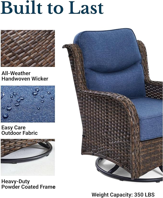 HILLGA Luxury Patio Furniture Set with 6-Inch Thick Cushions, High Back Outdoor Swivel Rocker Chairs and Table, 6-Piece All Weather Conversation Set for Porch Deck Balcony Yard, Blue (V3)