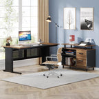 LITTLE TREE Large Computer Desk with File Cabinet, 63 Inch L Shaped Executive Office Desk with Drawers and Storage Shelves, Business Furniture Workstation for Home Office