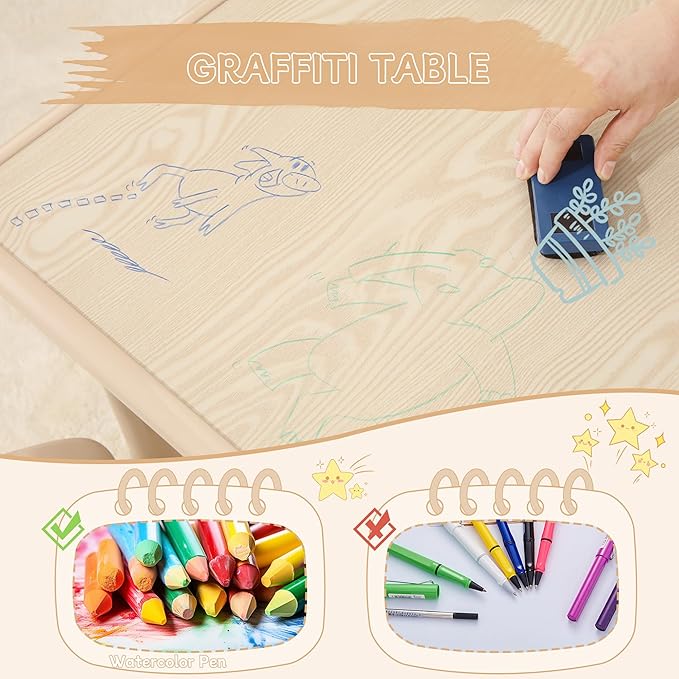 Kids Table & Chairs Set, Height Adjustable Toddler Study Table with Anti-Slip Foot Covers, Ages 2-10