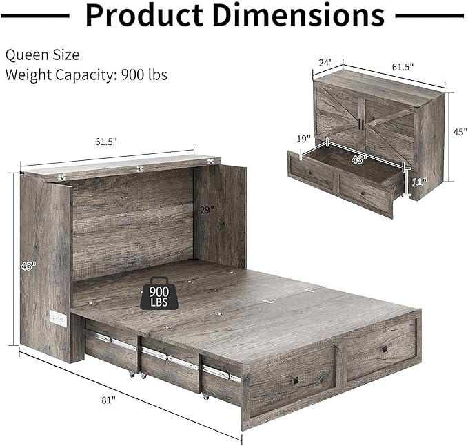 Murphy Bed Queen Size Cabinet Bed with Charging Station, Large Storage Drawer for Home Office or Small Room, Hideaway Bed Full Foldable Platform Bed, Rustic Grey