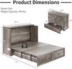 Murphy Bed Queen Size Cabinet Bed with Charging Station, Large Storage Drawer for Home Office or Small Room, Hideaway Bed Full Foldable Platform Bed, Rustic Grey