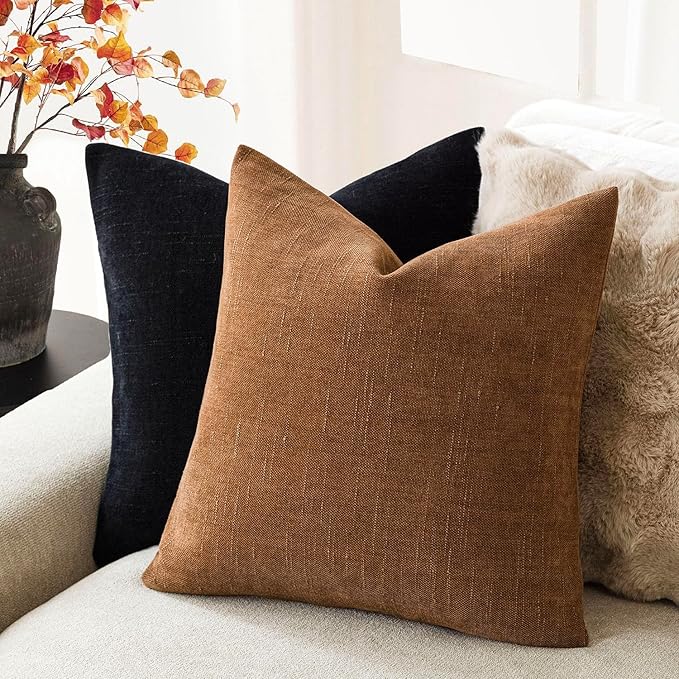 Foindtower Pack of 2 Soft Textured Chenille Throw Decorative Pillow Covers Square Accent Solid Cushion Cover Cozy Farmhouse Pillow Case with Zippe for Couch Sofa Bed Living Room 22x22 Inch, Bronze