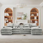 HYJT-H&K 124" U Shaped Cloud Couch Sectional, Comfy Fluffy Plush Corduroy Light Grey Sectional Couches for Living Room, Modern Modular Corduroy Couch Sectionals with Central Console & Double Chaise