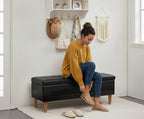 VECELO 44.5" Black Ottoman with Storage, Faux Leather Storage Ottoman Bench with Safety Hinge & Solid Wood Legs, Large Bench for Living Room, Entryway, Holds up to 330 lb