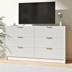 White 6 Drawer Dresser Bedroom,55” Wide Large White Fluted Dresser with Gold Handles, Modern Chest of Drawer for Closet, Bedroom, Living Room