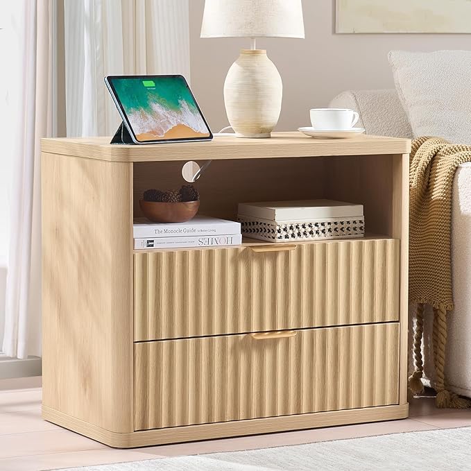 LEYAOYAO 31" Wide Fluted Nightstand Set of 2 with Charging Station, Oversized Extra Large 2 Drawers Night Stand,Natural Wood Bedside Table,Tall End Tables,Modern Chest of Drawers Dressers for Bedroom