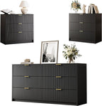 3-Piece Dresser Bedroom Set, 6 Drawer Dresser & 3 Drawer Nightstands with Gold Handles, Fluted Wood Chest of Drawers for Bedroom, Living Room, Entryway, Black
