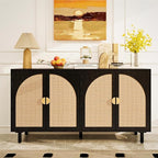 Black 4-Door Rattan Buffet Cabinet-Sideboard Buffet Cabinet with Storage, Accent Sideboard Cabinets-Wood Credenza with Cane Door, Boho Style Console Table for Dining Room & Living Room