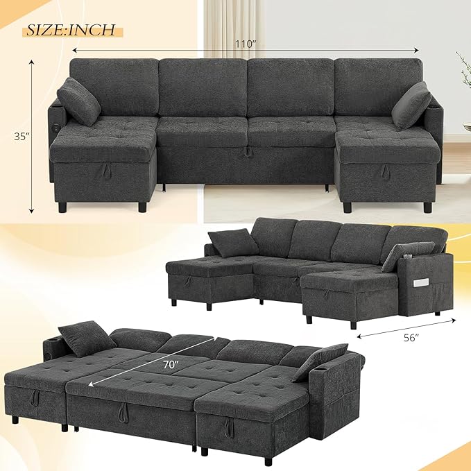 110" Fabric Pull-Out Couch Bed w/Adjustable Backrests, Sectional Sleeper Sofa w/USB Ports & 2 Cup Holders, Upholstered U-Shaped Couch w/Storage Chaise for Living Room, House, Grey