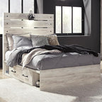 Signature Design by Ashley Cambeck Farmhouse Full Panel Platform Bed with 2 Storage Drawers, Cubbies, Sconce Light and USB Ports, Foundation or Box Spring Not Needed, Whitewash