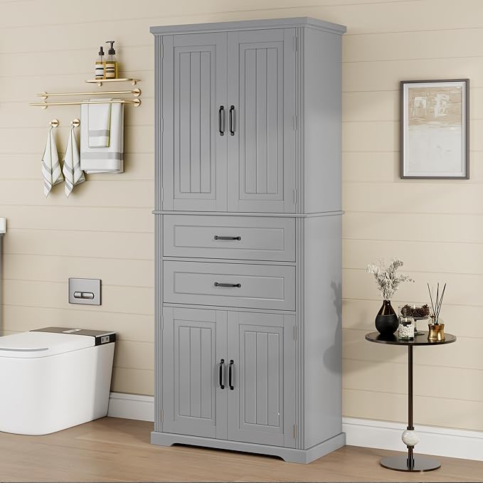 Tall Storage Cabinet, Bathroom Floor Freestanding Storage Cabinet with 2 Doors, Adjustable Shelf, and 2 Drawers for Bathroom, Office, Living Room, MDF Board, Grey