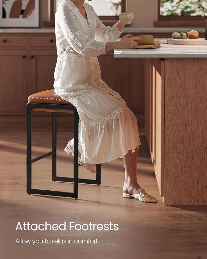 VASAGLE EKHO Collection - Bar Stool, Counter Height Bar Stool, Synthetic Leather with Stitching, Mid-Century Modern Counter Barstool, 26-Inch Tall, Kichen Home Bar Dining Room, Caramel Brown