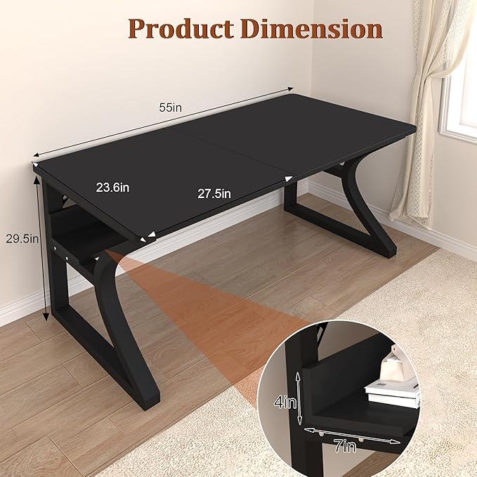 StarGraph Computer Desk 55'' Large Home Office Desk with Sturdy Metal Frame U Shaped Modern Computer Desks with Storage Study Writing Office Work from Home Desks (Black, 55 inch)