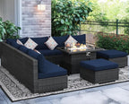 NICESOUL 10 Piece L-Shaped Outdoor Furniture Conversation with Fireplace Natural Gas/Propane, 29.3'' High Back Oversized Rattan Sofa Couch, Wide Deep Seated Patio Sectional, 2 Color Cushion Navy&Grey