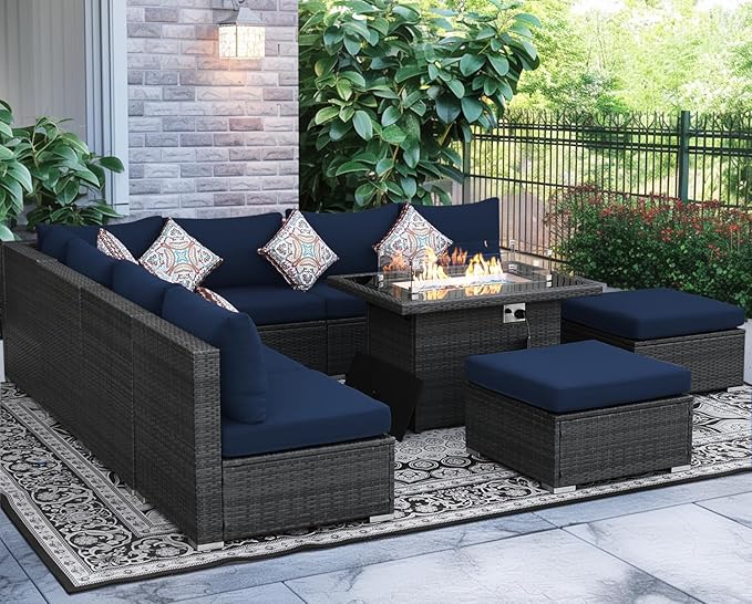 NICESOUL 10 Piece L-Shaped Outdoor Furniture Conversation with Fireplace Natural Gas/Propane, 29.3'' High Back Oversized Rattan Sofa Couch, Wide Deep Seated Patio Sectional, 2 Color Cushion Navy&Grey