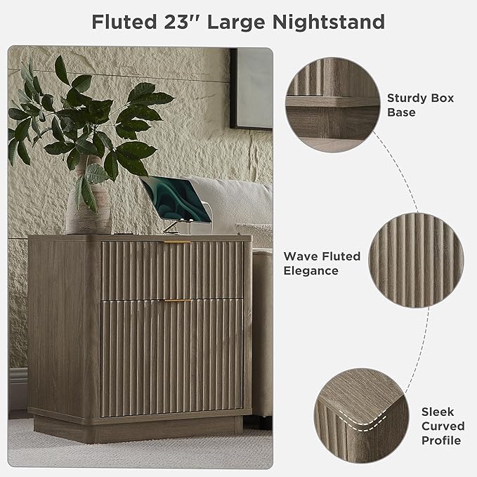 T4TREAM 23'' Fluted Nightstand Set of 2 with Charging Station, Large 2 Drawer Side Table, Modern End Table with Storage, Mid Century Bedside Table for Bedroom, Living Room, Curved Profile, Grey Alder