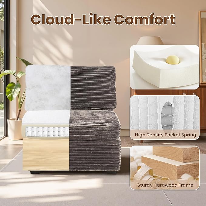32.7'' Middle Seat for Modular Sectional Sofa, Deep Seat Upholstered Armless Chair Sleeper Sofas, L/U/V Shaped Plush Corduroy Cloud Couch for Living Room Apartment, Grey