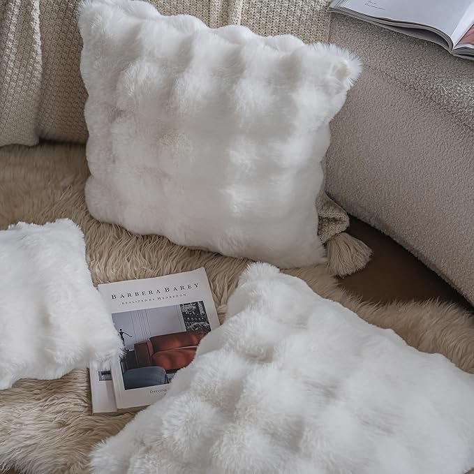 Neelvin Cream White Faux Fur Cozy Soft Double-Sided Decorative Throw Pillow Covers 20x20 inch Set of 2,Velvet Pillowcase Cushion Case for Sofa Couch