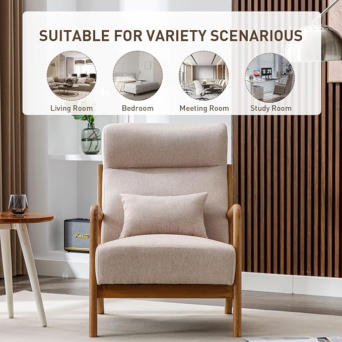 ANJHOME Mid Century Modern Accent Chair with High Back, Single Lounge Armchair with Solid Wood Frame, Comfy Reading Chair for Living Room, Easy Assembly