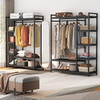 LITTLE TREE Free Standing Wood Closet Clothes Rack,Heavy Duty Grament Rack with Shelves,Hanging Racks for Clothes Clothing Rack for Bedrom,Wardrobe Closet Organizer,350 lb Capacity,Black