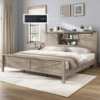 AMERLIFE Farmhouse King Bed Frame, Rustic Wood Platform Bed w/Barn Door Storage Bookcase Headboard & Charging Station, Bedroom Furniture, No Box Spring Needed, Light Grey