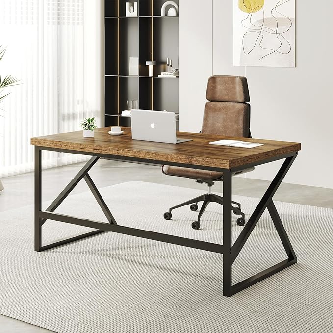 HSH Rustic Brown Desk, Industrial Home Office Computer Desk, Farmhouse Metal and Wood Computer Table, Simple Bedroom Laptop PC Desk for Student Writing Study Gaming Executive Workstation, 55 in