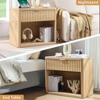 LEYAOYAO 31" Wide Fluted Nightstand Set of 2 with Charging Station, Oversized Extra Large 1 Drawer Night Stand with Golden Handle, Natural Wood Bedside Table Tall End Tables,for Bedroom, Living Room