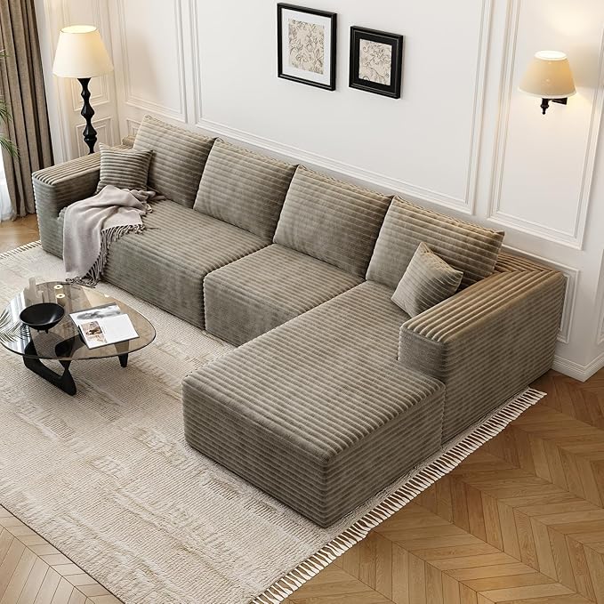 135.4" Cloud Modular Sectional Sofa Couch with L-Shape Chaise,Modern Minimalist Upholstered Couches for Living Room Bedroom,Deep Seat Corner Couch，No Assembly Required (Camel,Right Facing Chaise)