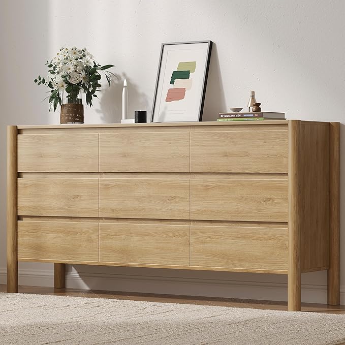 CHUWELL Dresser for Bedroom, 63" Wide Mid Century Modern Chest of Drawers with 9 Large Storage Space and 4 Solid Wood Cylindrical Legs, 9 Drawer Large Dresser for Bedroom(Oak)