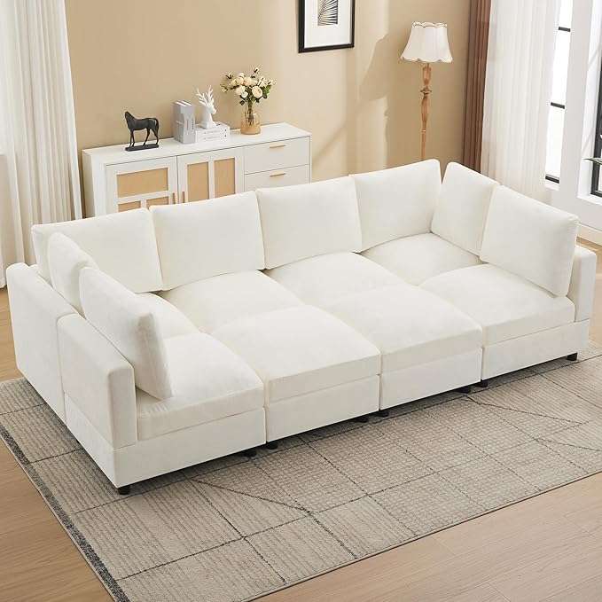 Modular Sectional Cloud Sofa Bed, 8-Seater Convertible Sofa Couch with Ottoman, Modern Deep Seat Sleeper Sofa for Living Room, Chenille Beige